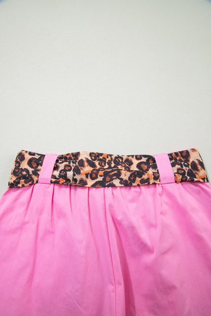 Leopard Contrast Sash Belt Pleated Wide Leg Shorts