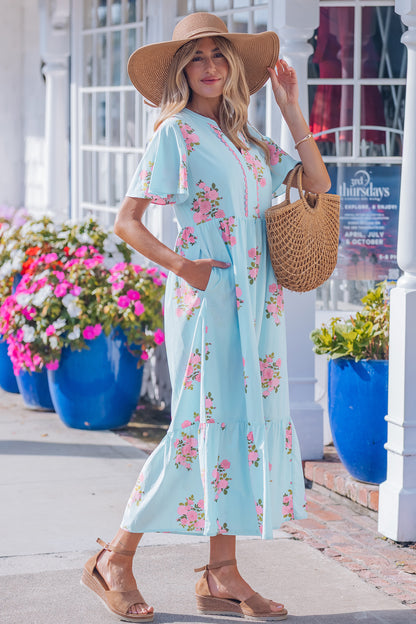Notched Neck Flutter Short Sleeve Floral Print Maxi Dress