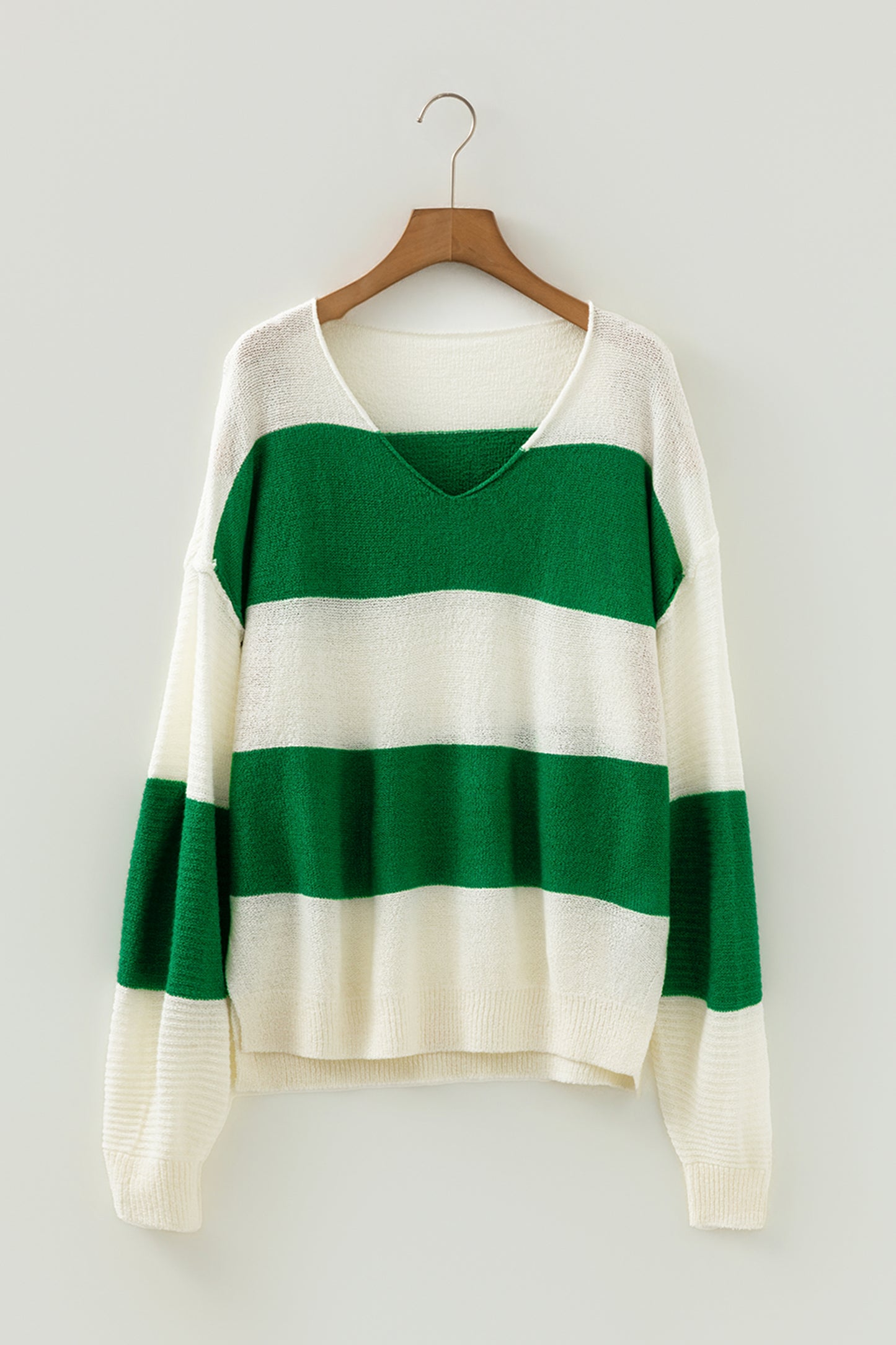 Green Stripe Loose Color Block Drop Shoulder Bubble Sleeve Sweater