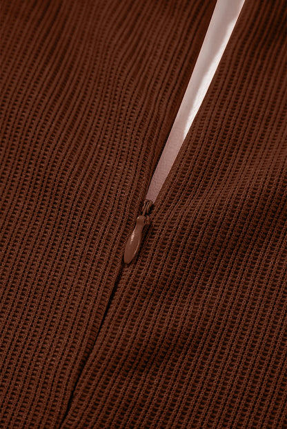 Coffee Solid Color Knit V Neck Zipped Loose Romper