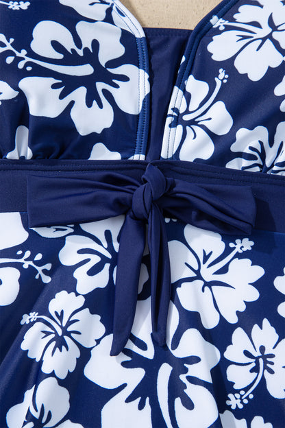 Navy Blue Color Block Patchwork Bow Knot Detail Sleeveless Swim Dress