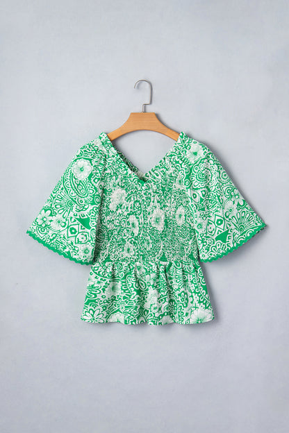 Green Flirty Floral Smocked V Neck Blouse
