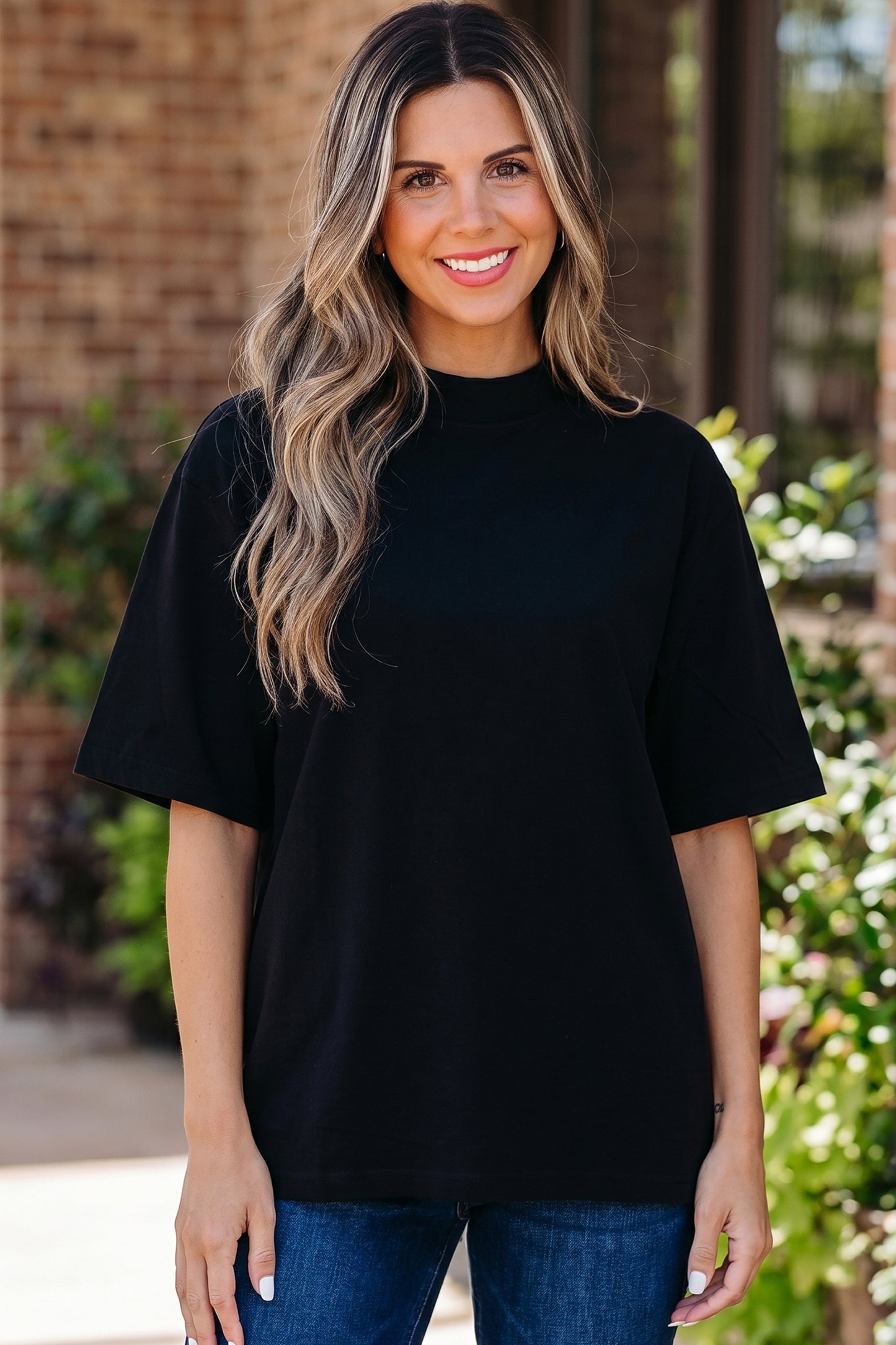 Pink Solid Color High Neck Oversize Tee
