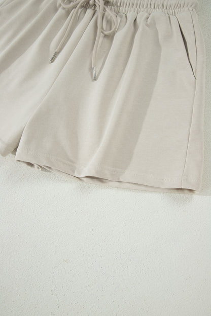 Solid Color Puffy Loose Top Drawstring Shorts 2pcs Outfit