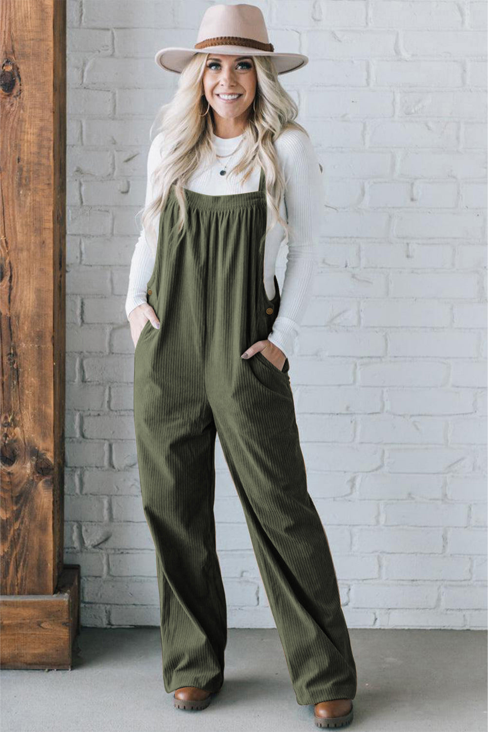 Button Adjustable Straps Solid Color Corduroy Jumpsuit