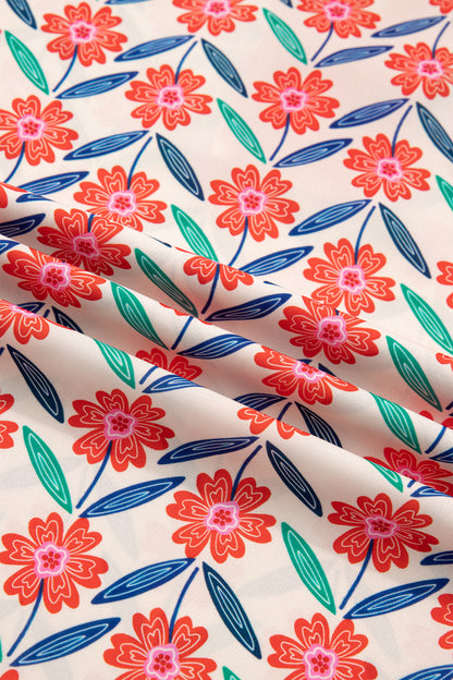 Red Floral Print Striped Detail V Neck Ruffled Short Sleeve Blouse