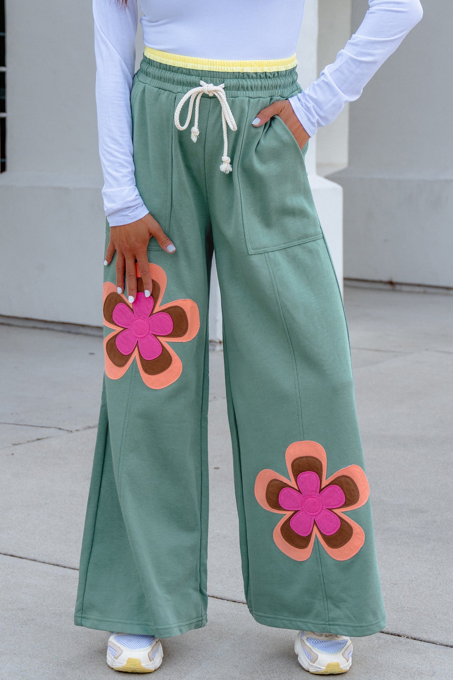 Color Block Flower Patchwork Drawstring Contrasted Elastic Waist Wide Leg Pants