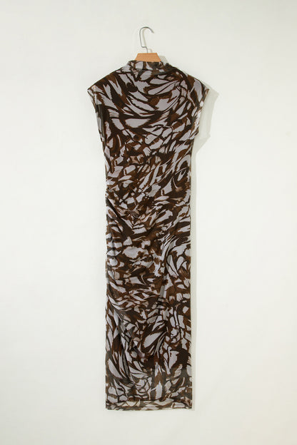 Brown Abstract Print Mesh Cowl Neck Cap Sleeve Ruched Midi Dress with Slit