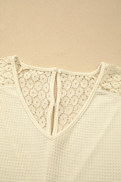 Beige Lace Splicing Button Cutout V Neck Waffle Knit Blouse
