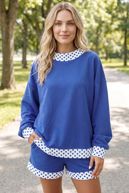 Polka Dot Trim Baggy Pullover 2pcs Short Set
