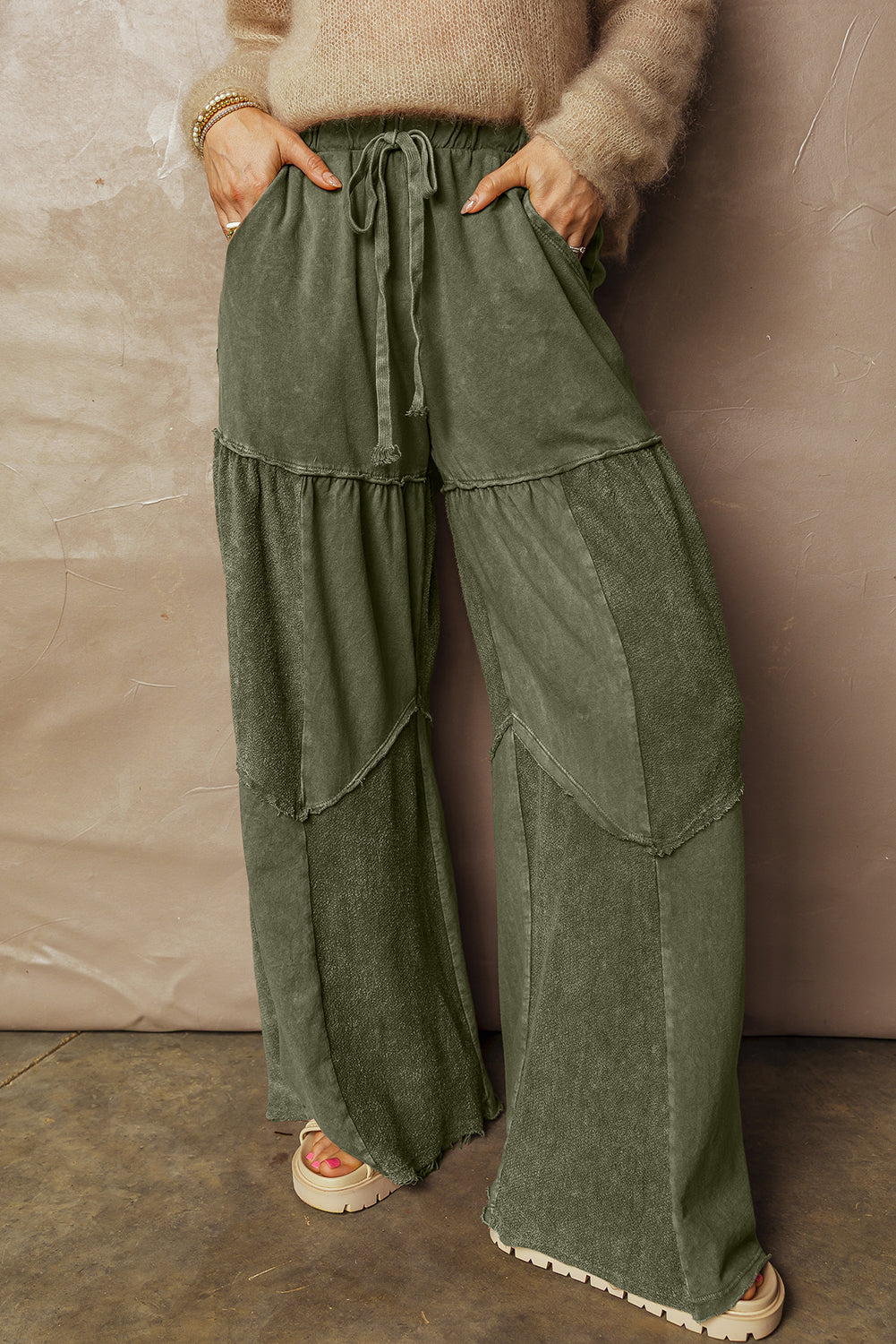Wild Ginger Careys Mineral Wash Tiered Wide Leg Patchwork Drawstring Pants