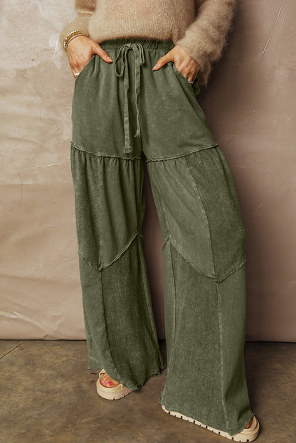Wild Ginger Careys Mineral Wash Tiered Wide Leg Patchwork Drawstring Pants
