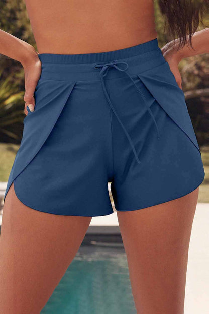 Solid Color 2-in-1 Drawstring Elastic Waist Swim Shorts