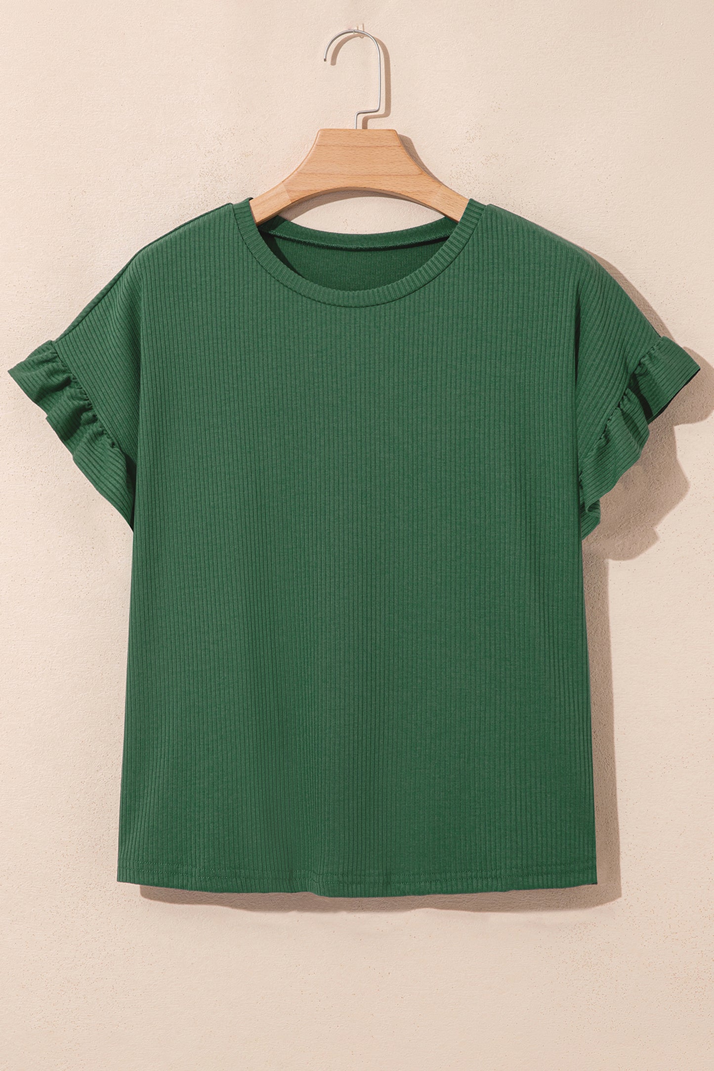 Jungle Green Solid Color Ribbed Ruffled Short Sleeve T Shirt