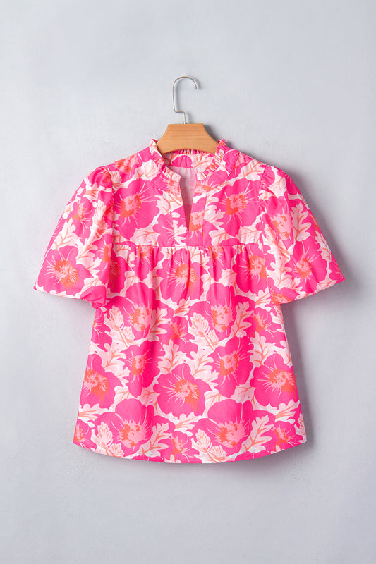 Short Bubble Sleeve Summer Floral Blouse