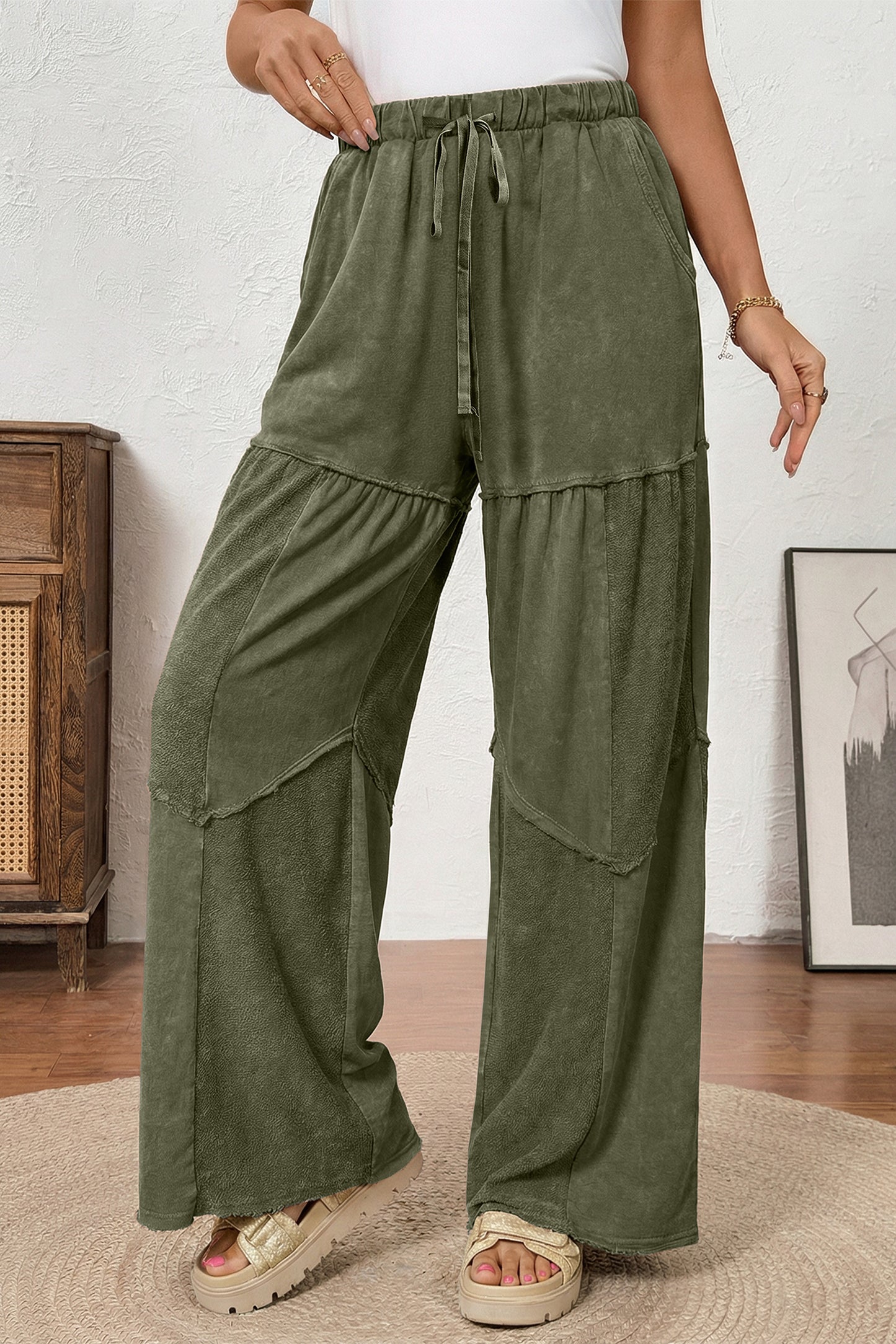 Wild Ginger Careys Mineral Wash Tiered Wide Leg Patchwork Drawstring Pants