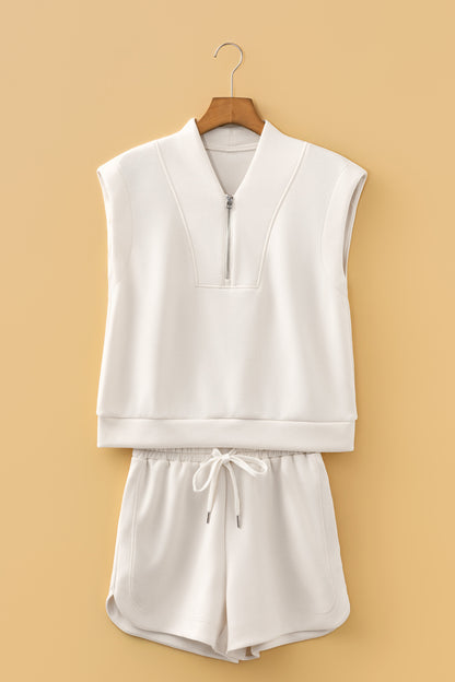 Quarter Zip Sleeveless Top Drawstring Shorts Casual 2pcs Outfit