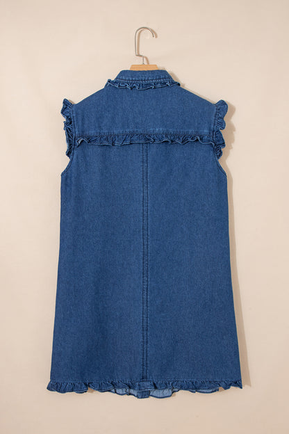 Ruffled Edge Collared Shift Denim Dress with Pockets