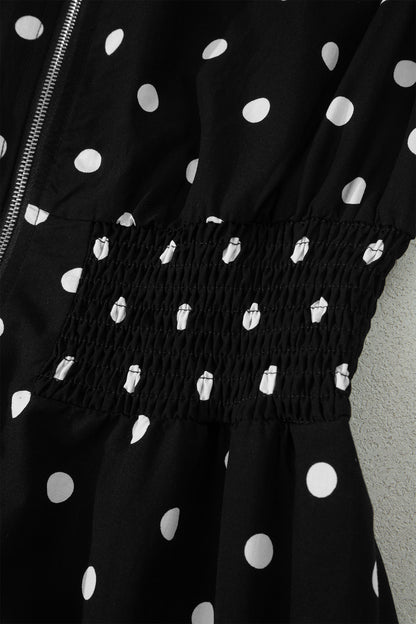 Polka Dot Print Contrast Trim V Neck Zip Up Sleeveless Dress