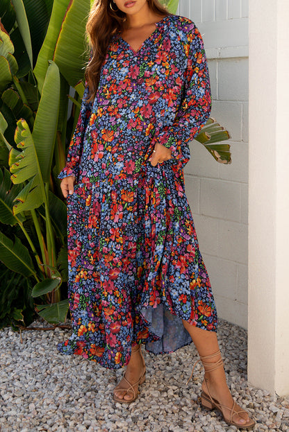 Blue Floral Print Tassel Tie V Neck Long Sleeve Flowy Long Dress