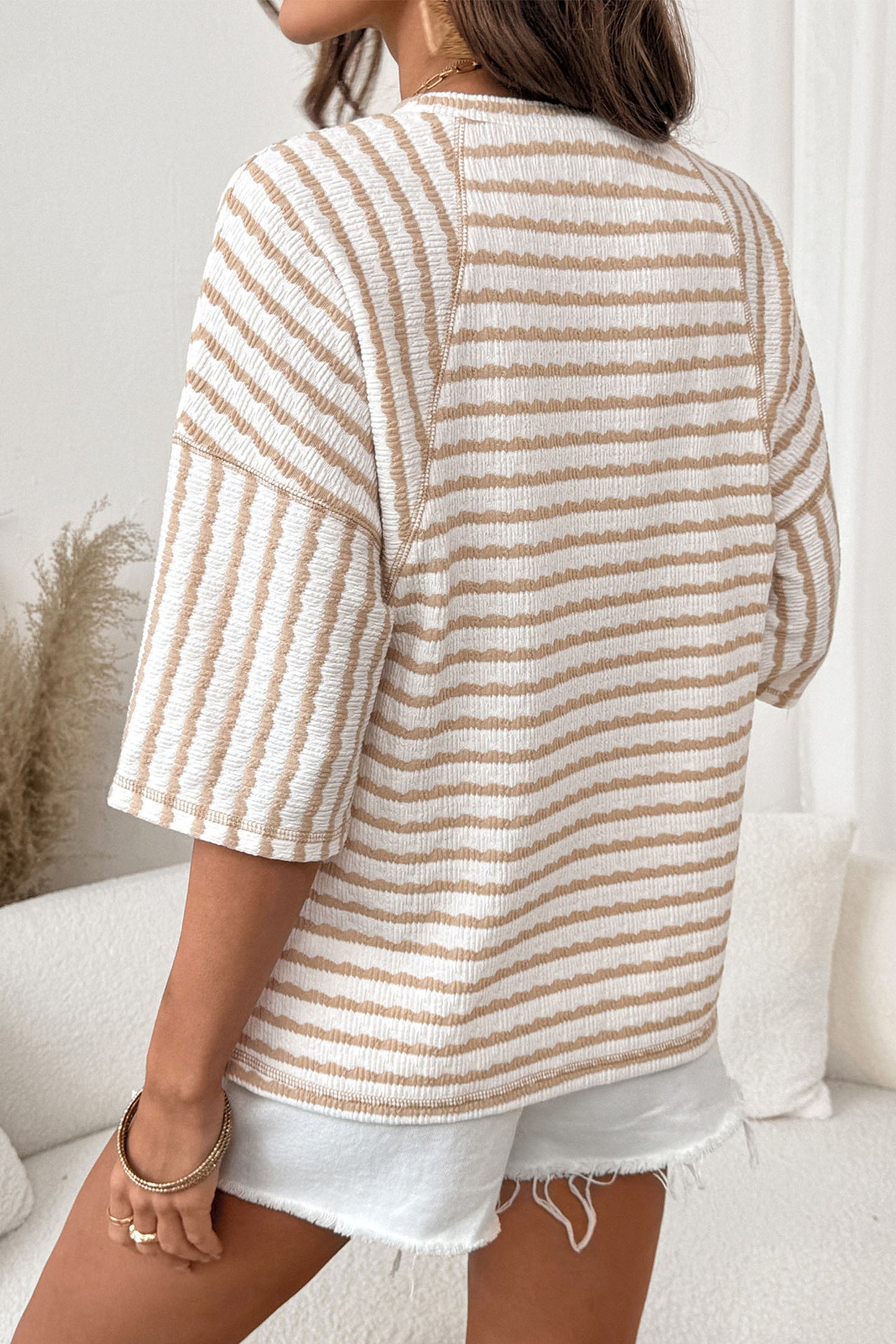 Stripe Textured Knit Split Hem Half Sleeve Loose Top