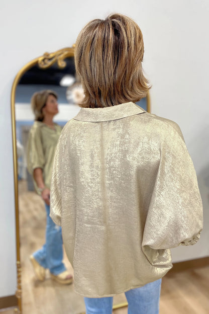 Collared V Neck Half Sleeve Metallic Top
