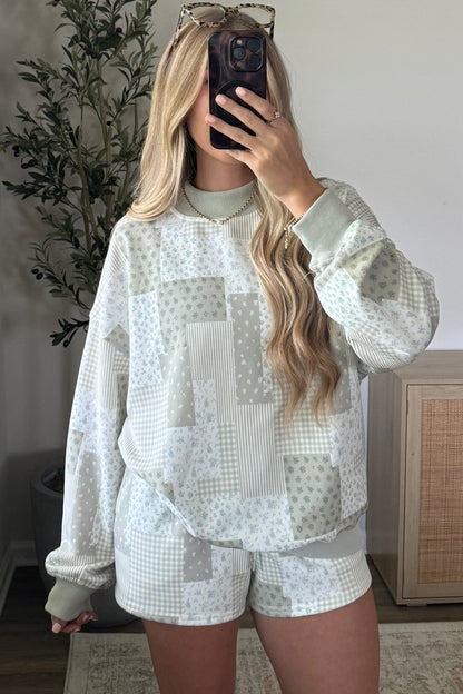 Patchwork Floral Print Drop Shoulder Baggy Pullover Drawstring Shorts Set