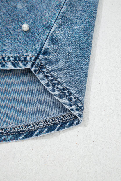 Ashleigh Blue Denim Pearl Embellished Elastic Waist Mini Skort
