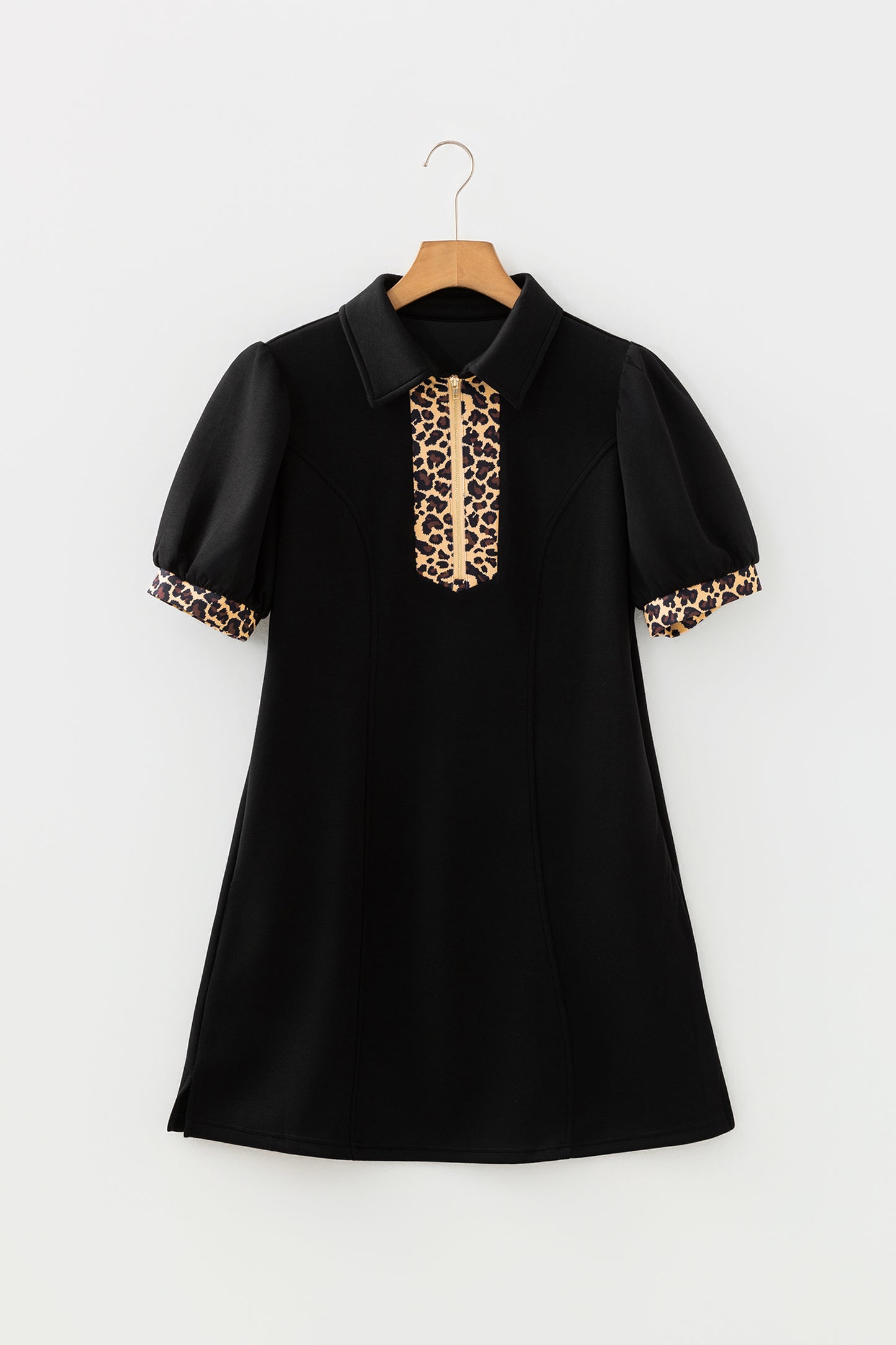 Black Leopard Patchwork Zip Collared Short Puff Sleeve Shift Mini Dress