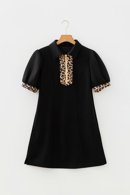 Black Leopard Patchwork Zip Collared Short Puff Sleeve Shift Mini Dress