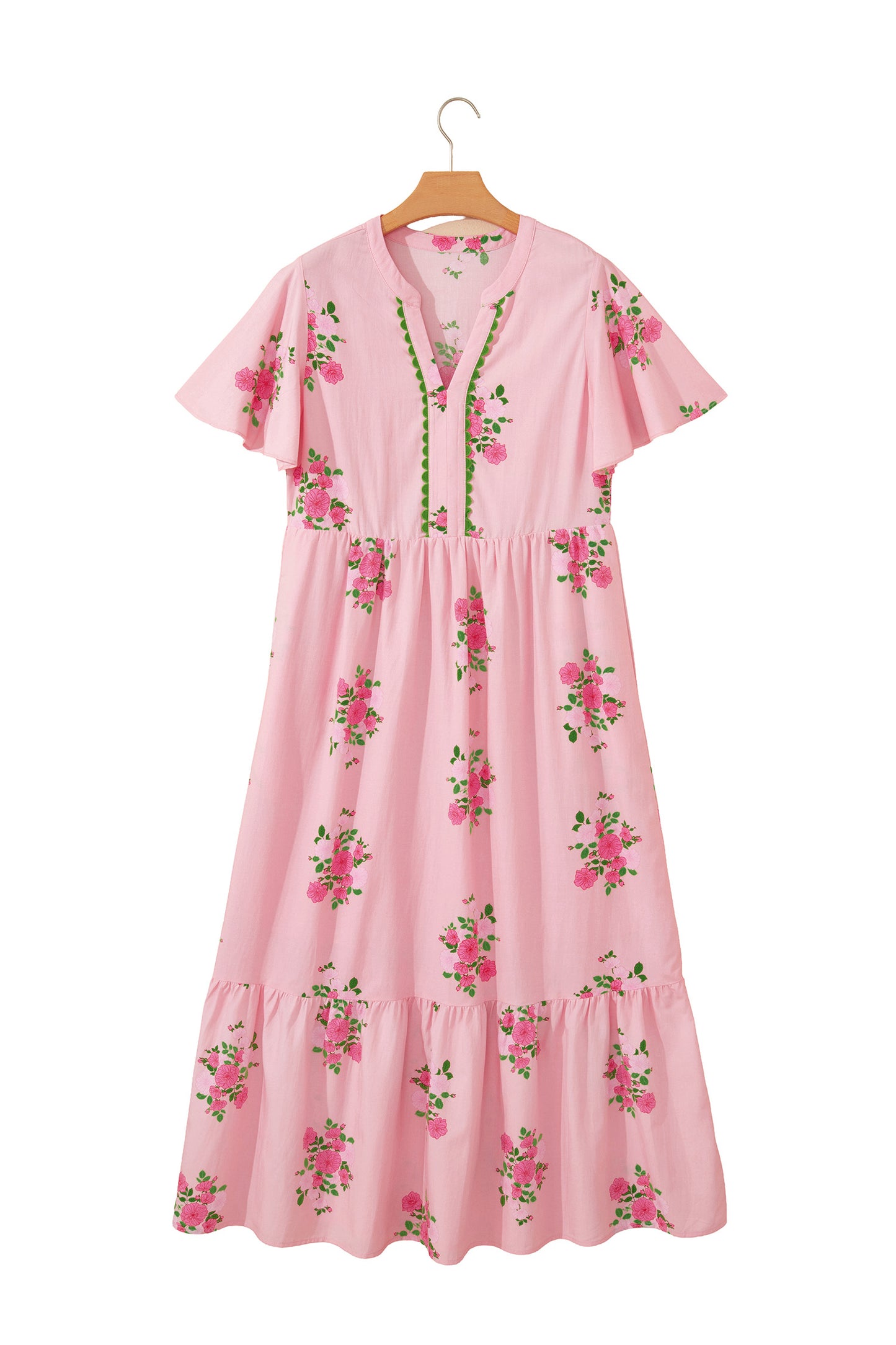 Notched Neck Flutter Short Sleeve Floral Print Maxi Dress