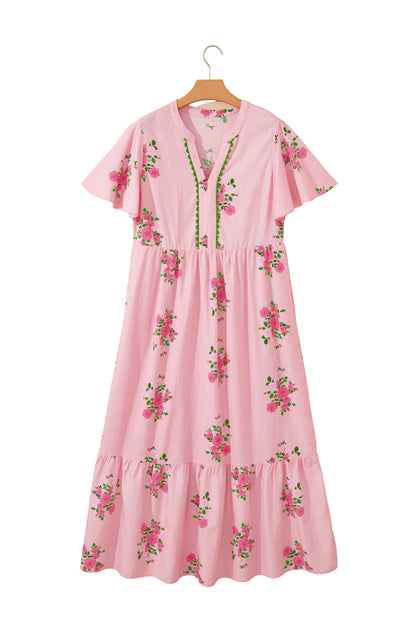 Notched Neck Flutter Short Sleeve Floral Print Maxi Dress