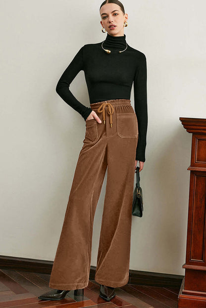 Coffee Straight Loose Drawstring Elastic High Waist Fleece Pants