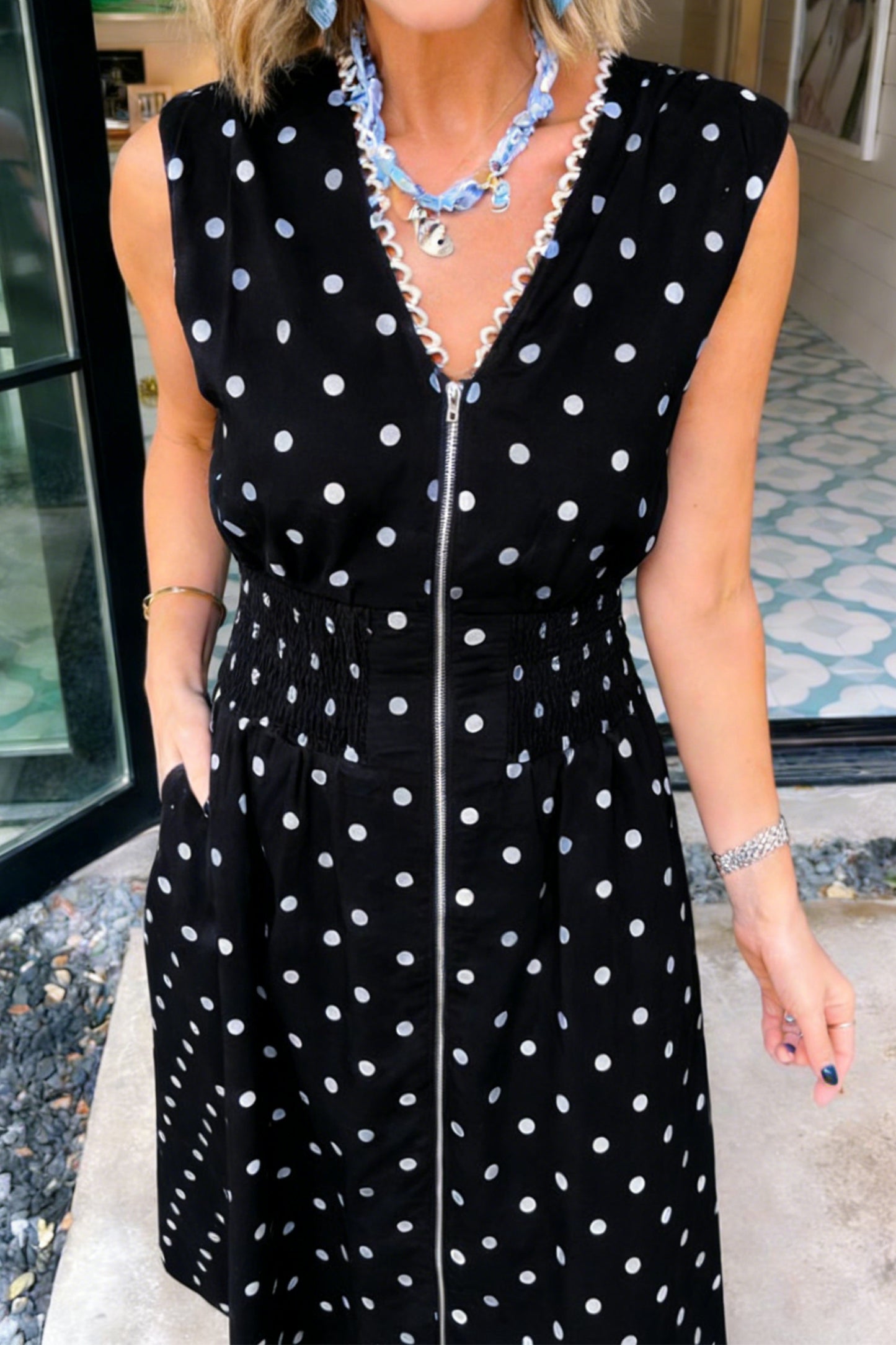 Polka Dot Print Contrast Trim V Neck Zip Up Sleeveless Dress