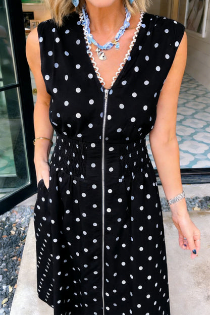 Polka Dot Print Contrast Trim V Neck Zip Up Sleeveless Dress