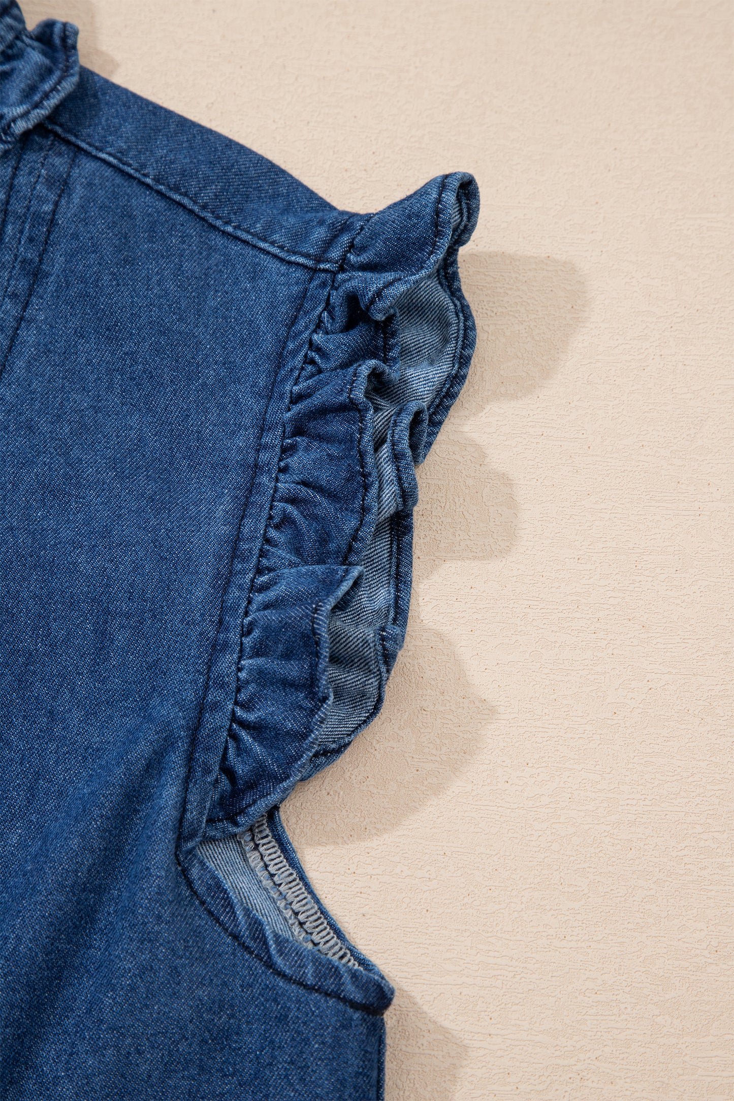 Ruffled Edge Collared Shift Denim Dress with Pockets