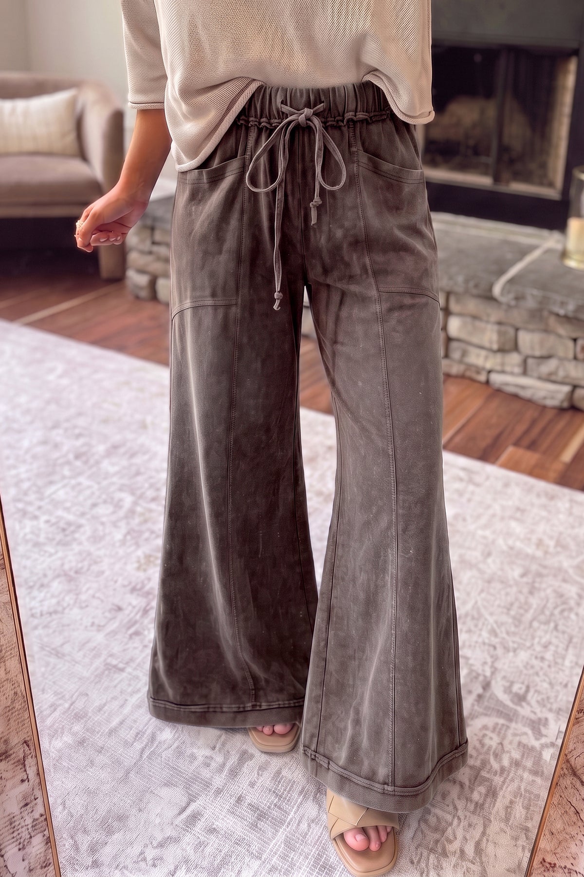 Mineral Wash Seam Detail Flare Leg Drawstring Pants