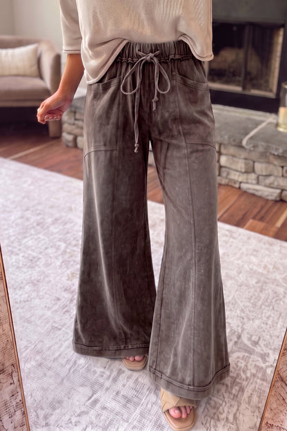 Mineral Wash Seam Detail Flare Leg Drawstring Pants
