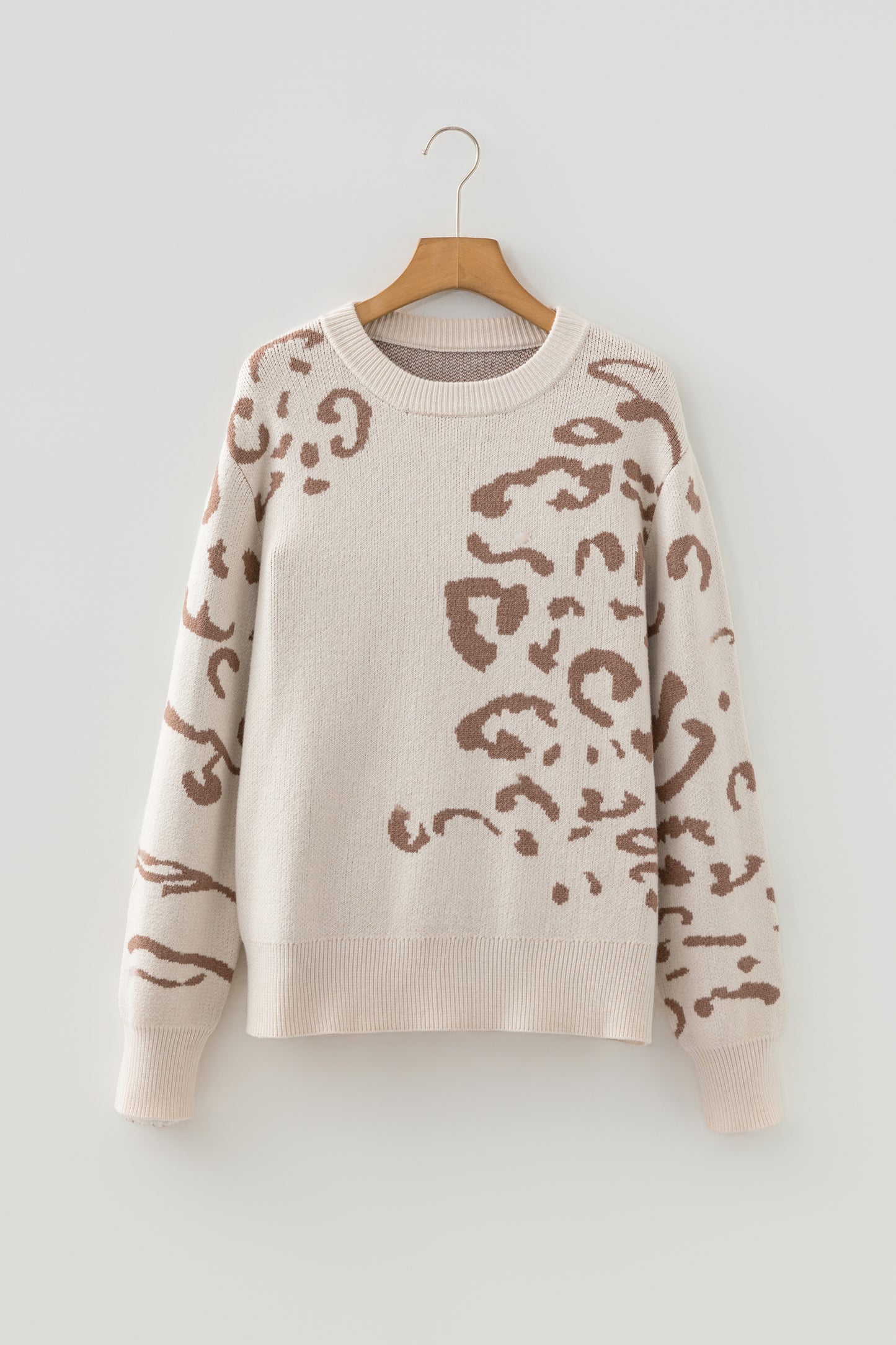 Camel Asymmetric Leopard Print Detail Drop Shoulder Sweater