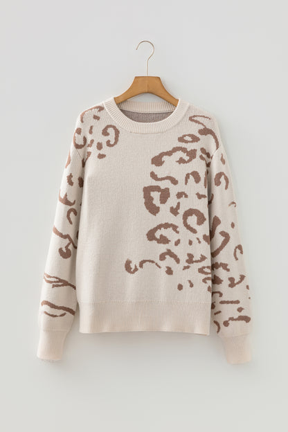 Camel Asymmetric Leopard Print Detail Drop Shoulder Sweater