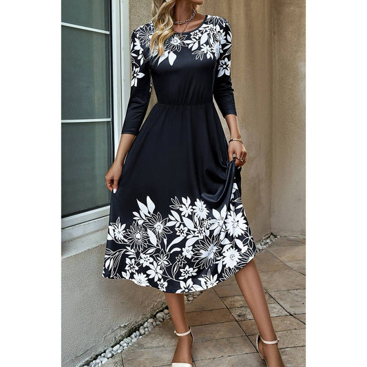 Floral Print A Line High Waist Fit Midi Dress | Dress - Women's | Dress, midi dress | Elings