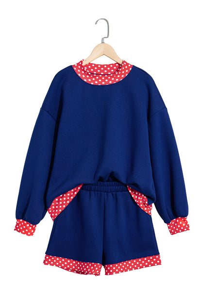 Polka Dot Trim Baggy Pullover 2pcs Short Set