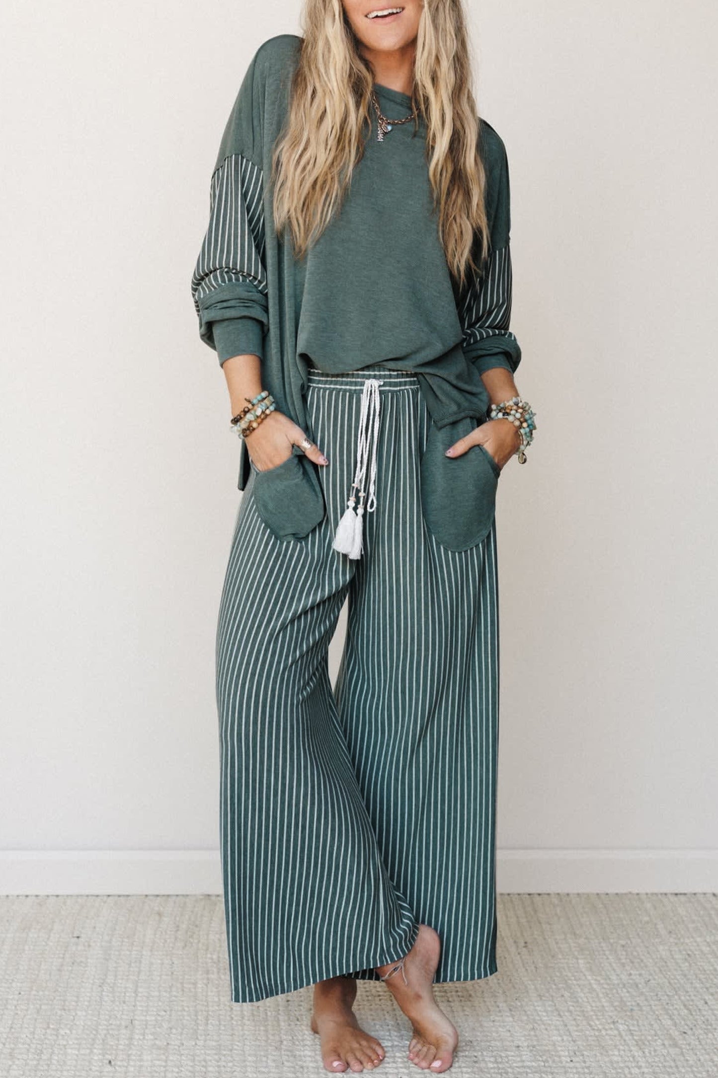 Raw Seam Patchwork Long Sleeve Top Pocket Casual Pants 2pcs Set