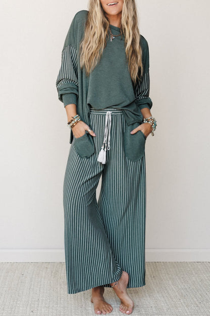 Raw Seam Patchwork Long Sleeve Top Pocket Casual Pants 2pcs Set