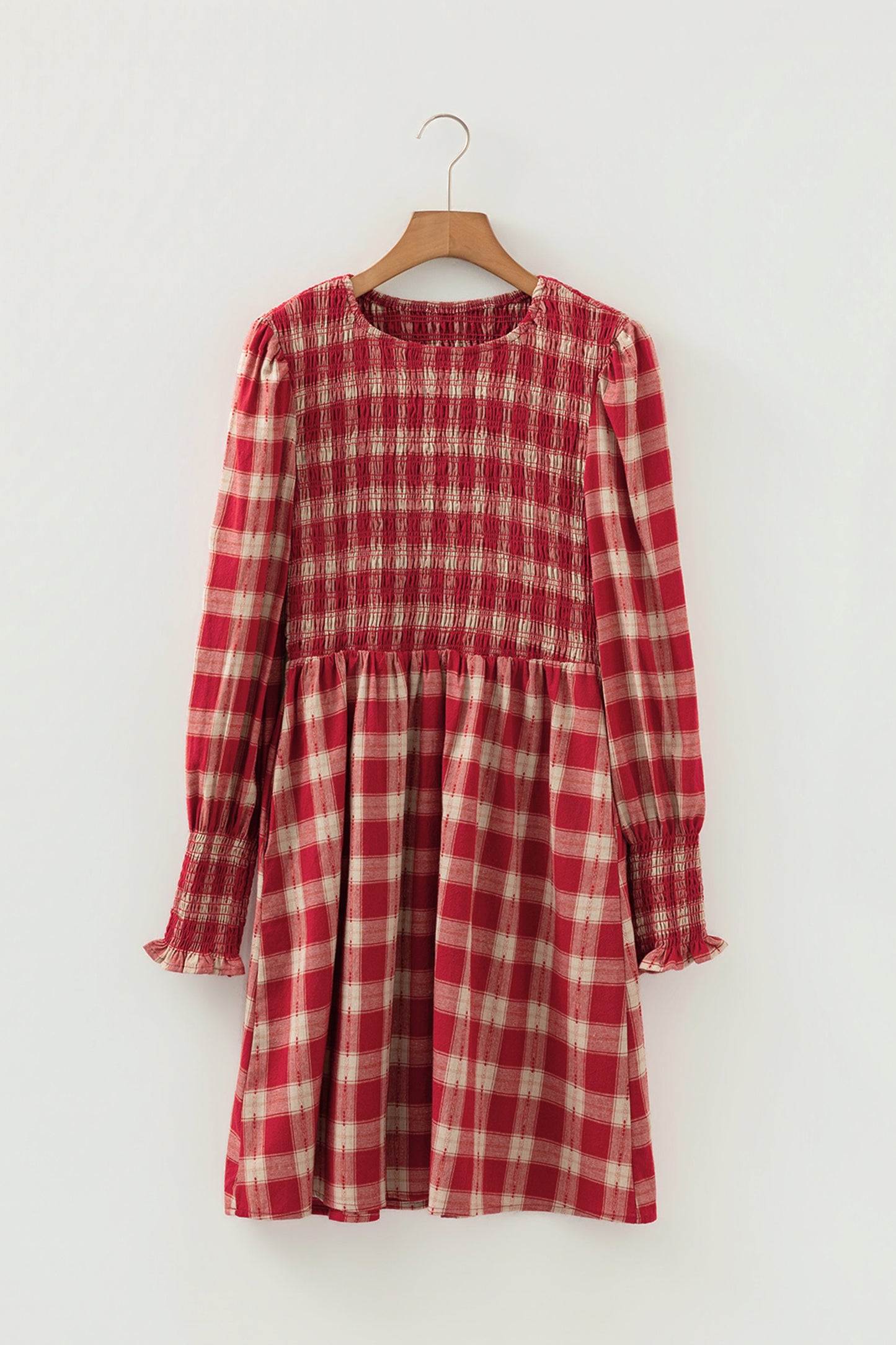 Red Plaid Print Smocked Puff Sleeve Mini Dress