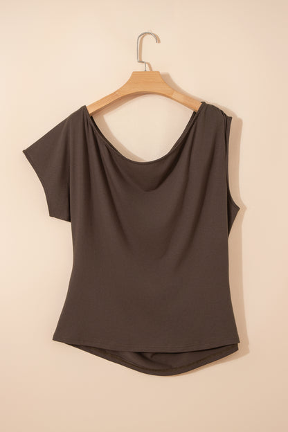 Blue Sapphire Plus Size Solid Color Asymmetric Neck Short Sleeve Blouse