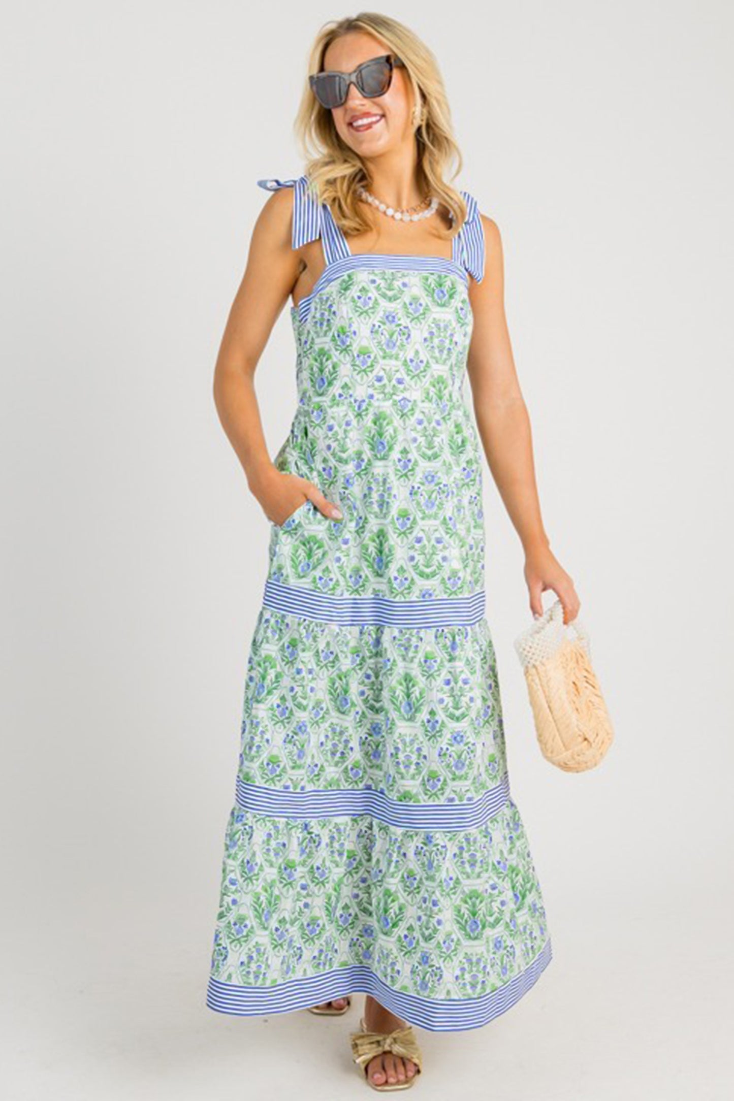 Geometric Floral Print Striped Patchwork Detail Sleeveless Dress