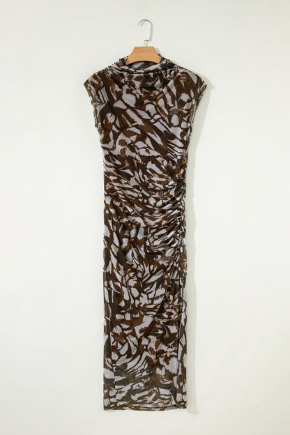 Brown Abstract Print Mesh Cowl Neck Cap Sleeve Ruched Midi Dress with Slit