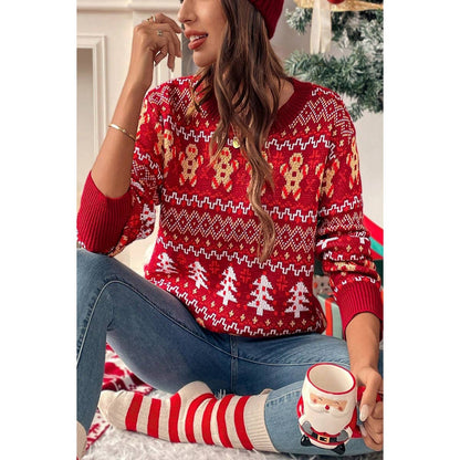 Knit Christmas Print Round Neck Loose Fit Sweater