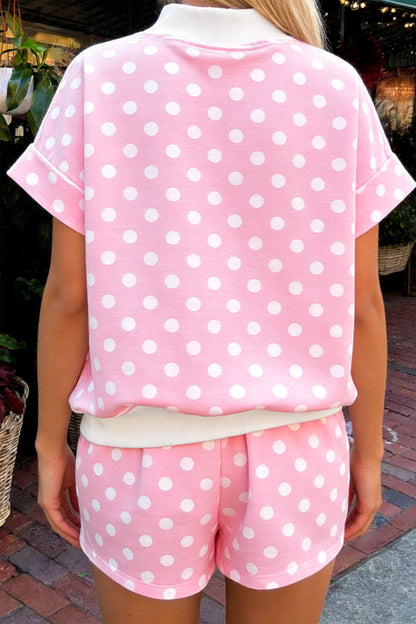 Polka Dot Print Color Block Trim Mock Neck Short Set